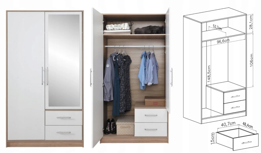 2-türiger Kleiderschrank mit Spiegel, Innenaufteilung und technischen Maßen.