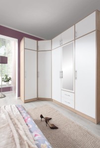 SAM SR4 Kleiderschrank Eckschrank 1-türig Garderobe Garderobensystem Weiß Lux/Eiche Sonoma Deine Möbel