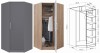 Eckkleiderschrank in Grau und Eiche mit Innenansicht und Maßzeichnung.