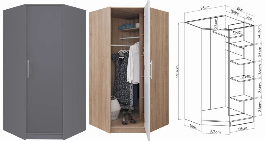 Eckkleiderschrank in Grau und Eiche mit Innenansicht und Maßzeichnung.