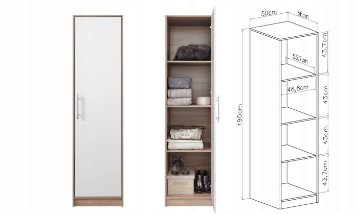 Schmaler Mehrzweckschrank in Weiß und Eiche mit Maßen und Innenaufteilung