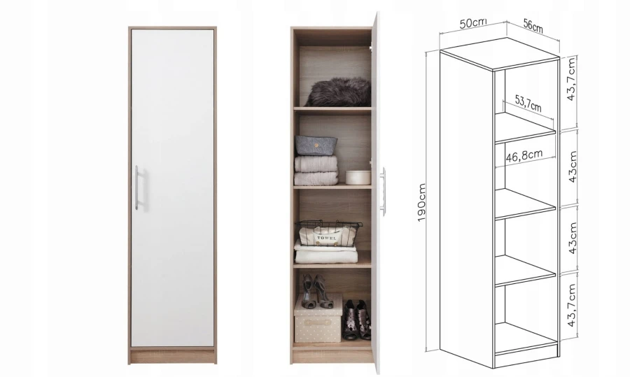 Schmaler weißer Schrank mit Maßen 50x190 cm, Innenansicht mit Regalböden und technischer Skizze.