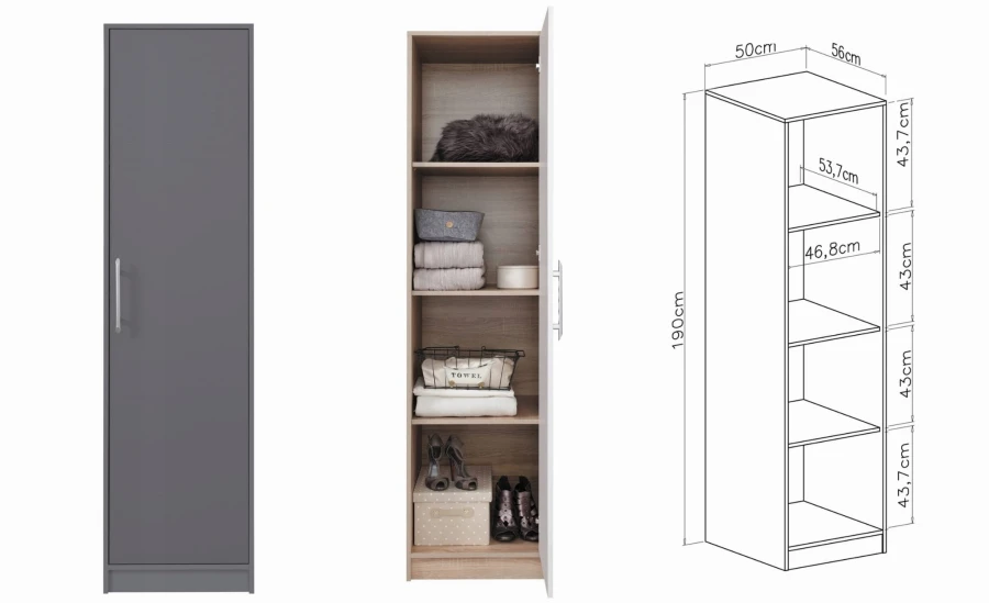 Schmaler grauer Schrank mit Maßen 50x190 cm, Innenansicht und technischer Maßzeichnung.