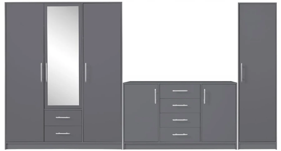 Mehrteiliges graues Möbelset bestehend aus Kleiderschrank mit Spiegel und Kommode.
