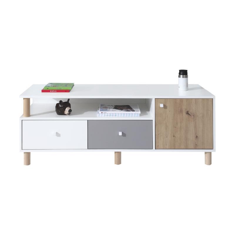 Skandinavisches TV-Lowboard in Weiß und Holzoptik mit grauen und weißen Schubladenfronten.