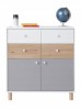 Moderne Kommode für Kinder in Weiß, Grau und Holz mit Schubladen und Türen, skandinavischer Stil.