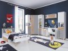 Kinderzimmer im Weltraum-Design mit blauem Eckschrank, Bett und passenden Star Wars Postern.