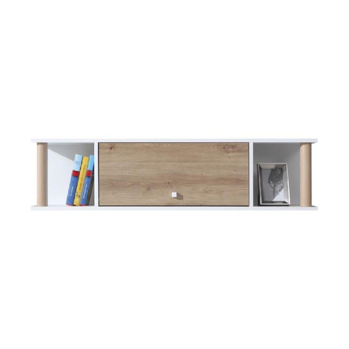 Modernes Wandregal in Weiß und Eiche mit einer Tür, ideal als Stauraum im Kinderzimmer.