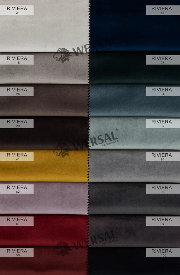 Riviera Samtstoff Farbkatalog für hochwertige Polsterung von Sofas und Sesseln.
