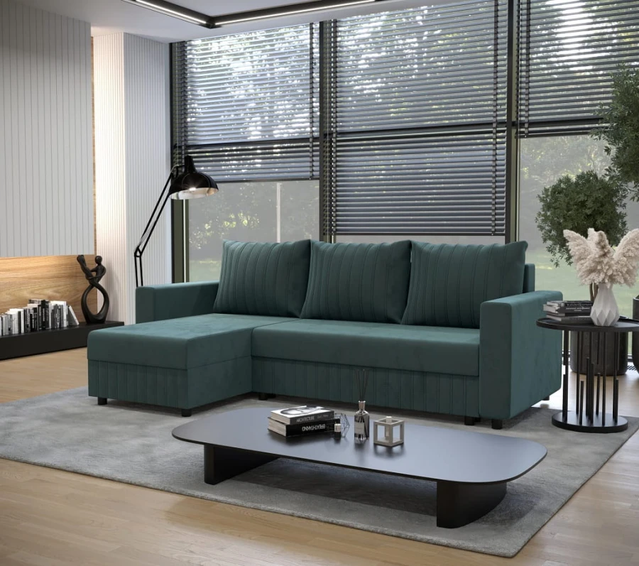 Smaragdgrünes L-Sofa, modernes Ecksofa mit Steppung für das Wohnzimmer.