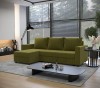 Olivgrünes Ecksofa im modernen Wohnzimmer mit grauem Teppich und Couchtisch.