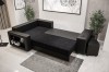 Schwarzes Ecksofa mit Schlaffunktion, ausgeklappt als Gästebett, inklusive Regal und Hocker.