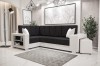 Modernes Ecksofa in Weiß und Anthrazit mit integriertem Seitenregal.