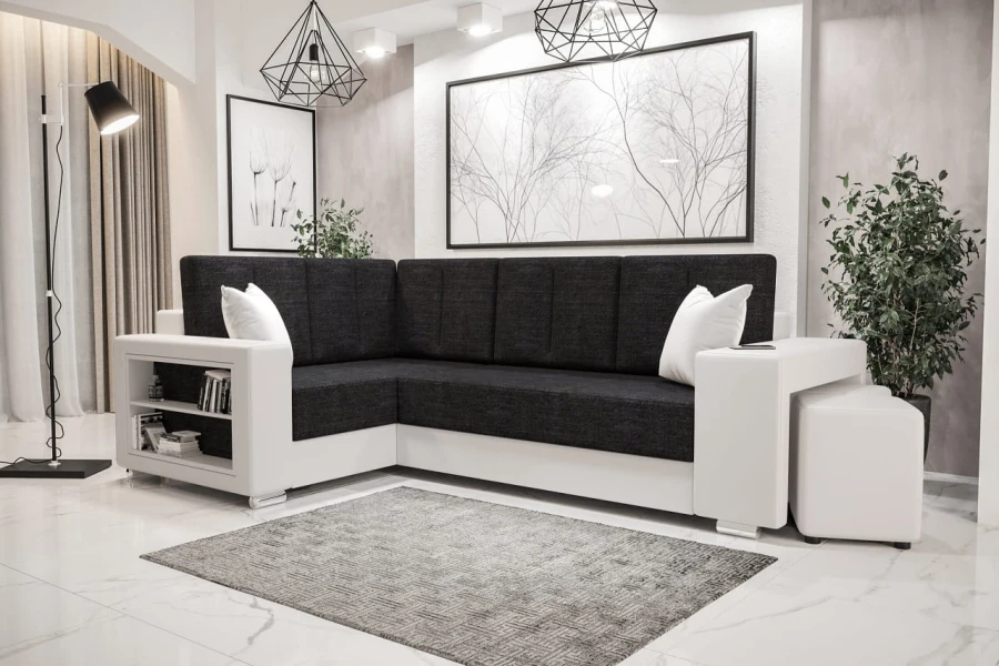 Modernes Ecksofa in Weiß und Anthrazit mit integriertem Seitenregal.