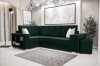 Dunkelgrünes Ecksofa mit integriertem Regal und passendem Hocker.