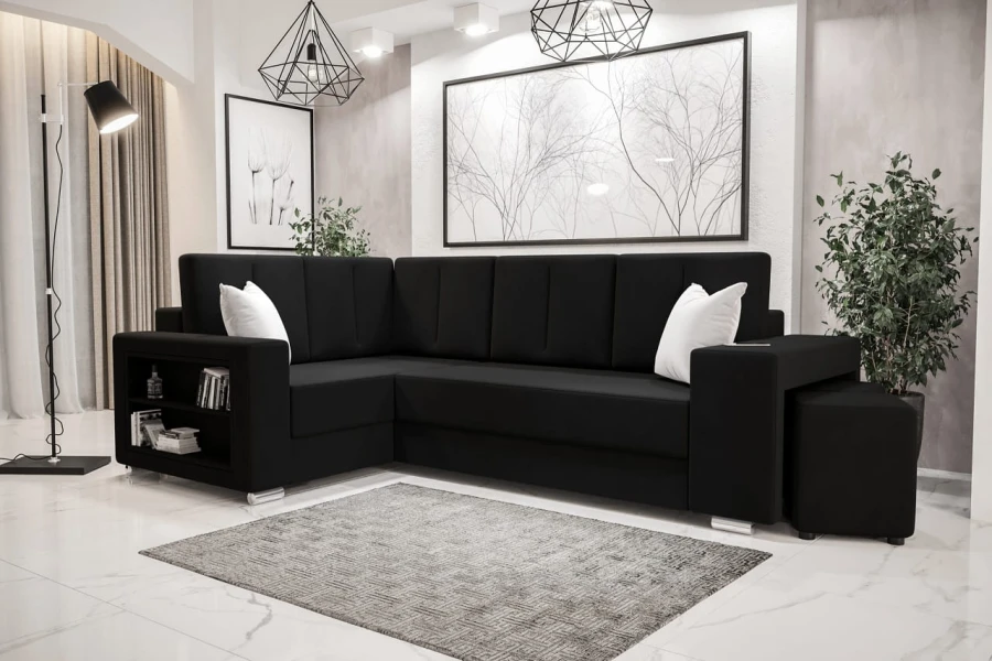 Schwarzes Ecksofa im minimalistischen Wohnzimmer mit Regal-Seitenteil.