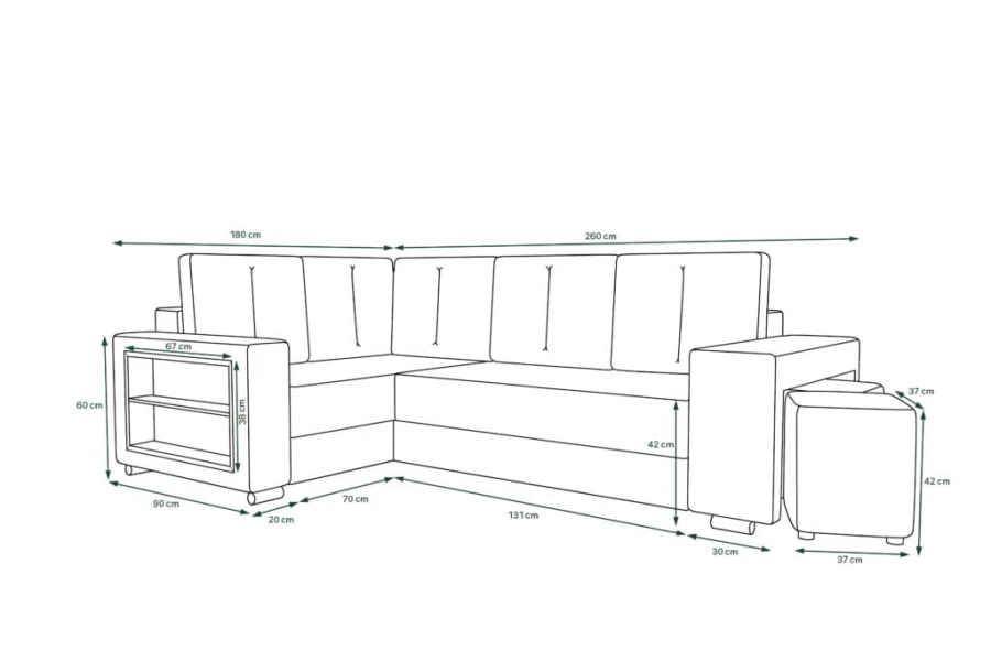 Maßzeichnung für ein Ecksofa mit detaillierten Zentimeter-Angaben zu Breite, Höhe und Tiefe der Module.