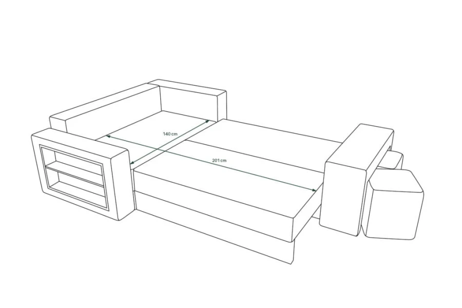 Skizze der Liegefläche des Schlafsofas mit Maßen von 201x140 cm im ausgeklappten Zustand.