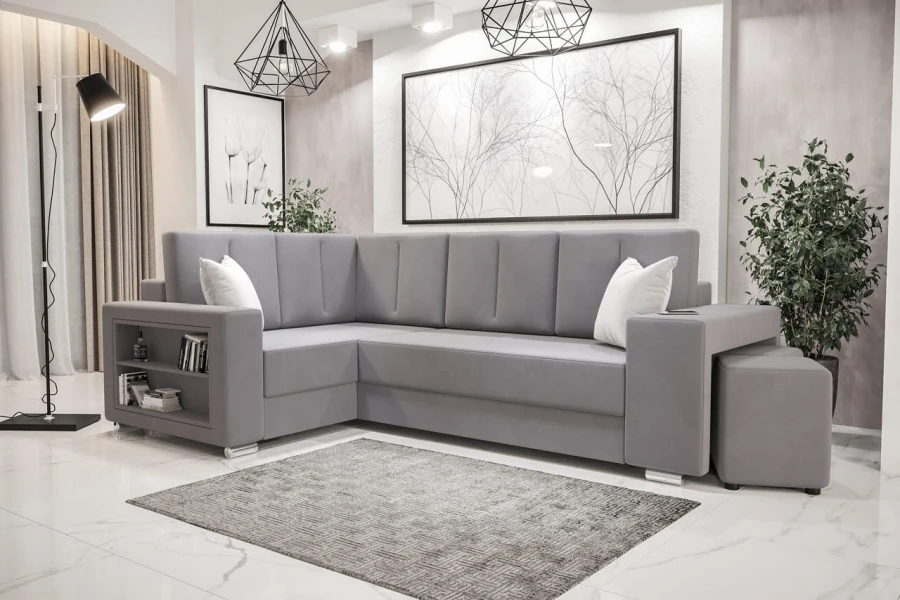 Graues Ecksofa mit integriertem Regal und Hocker im modernen Wohnzimmer.