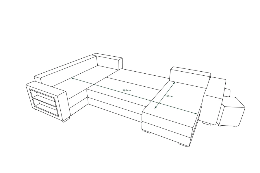 Maßskizze für Schlafsofa mit Angabe der Liegefläche von 285 x 135 cm.