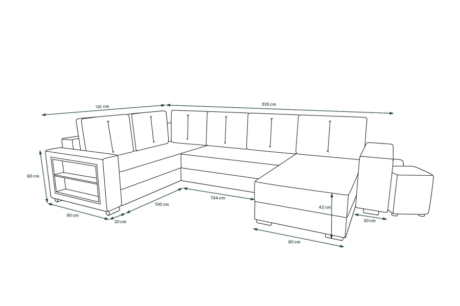 Technische Zeichnung mit Maßen der Eckcouch: 335 cm Breite und 180 cm Tiefe.