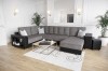 U-Form Sofa in Schwarz-Grau mit integriertem Regal in der Armlehne und Hockern.