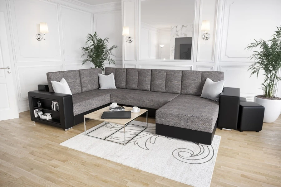 U-Form Sofa in Schwarz-Grau mit integriertem Regal in der Armlehne und Hockern.