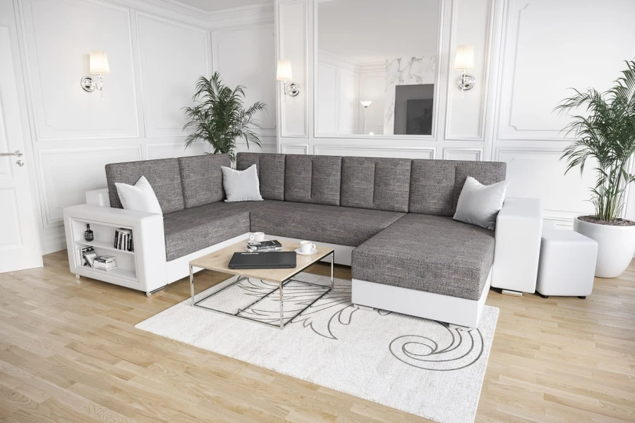 Elegante Wohnlandschaft U-Form in Weiß-Grau mit Regal und passendem Couchtisch.