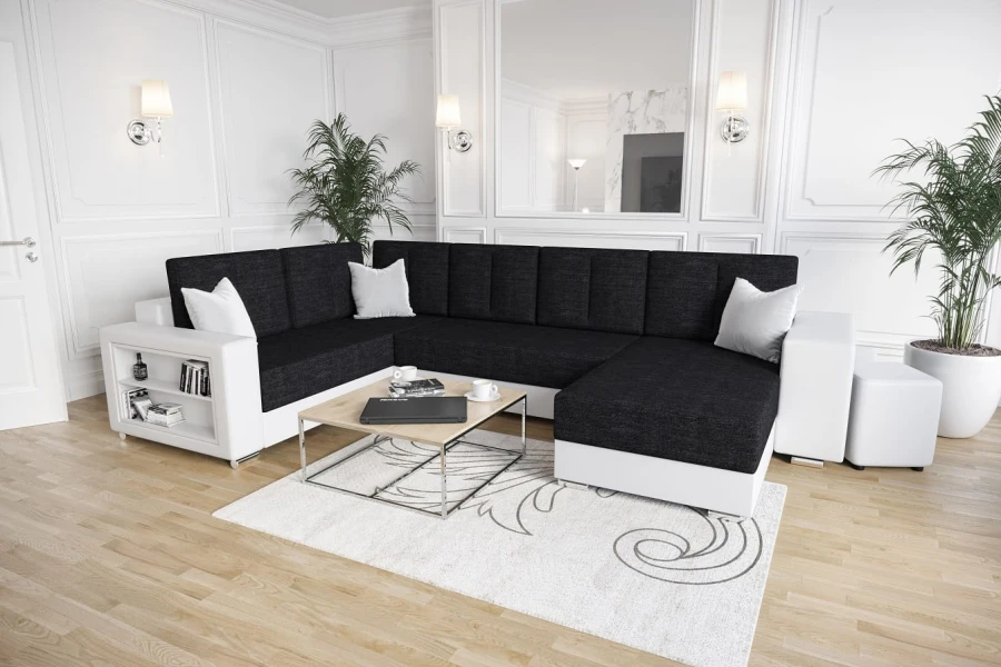 Modernes U-förmiges Sofa in Weiß-Schwarz mit Zierkissen in luxuriösem Ambiente.