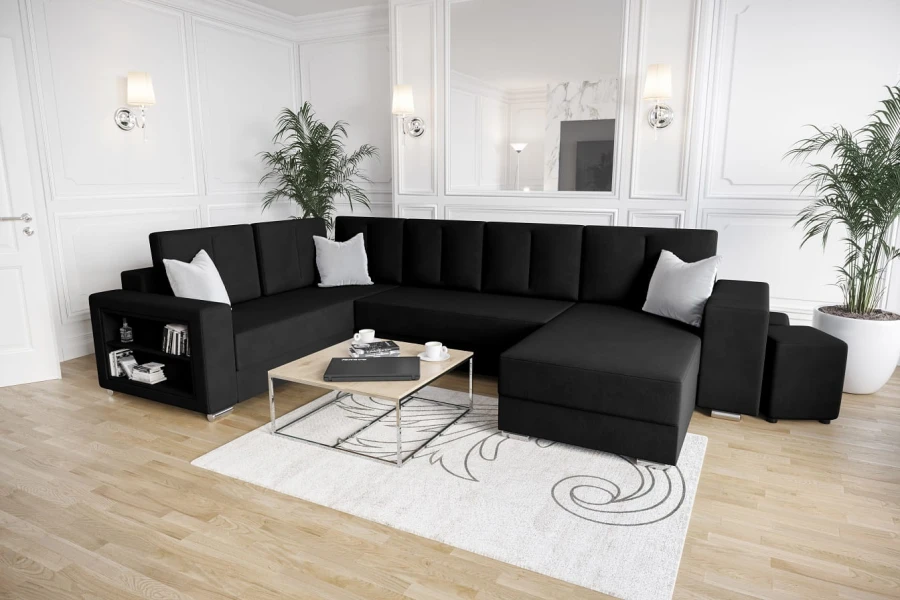 Schwarzes Ecksofa mit Regal in der Armlehne in modernem Wohnzimmer.