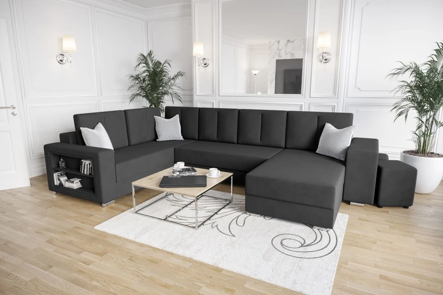 Dunkelgraues L-Form Sofa mit praktischem Regal im Seitenteil.