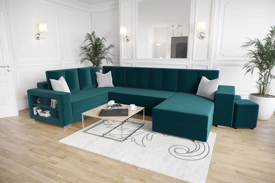 Petrolfarbenes Ecksofa mit Ottomane und Schlaffunktion für Wohnzimmer.