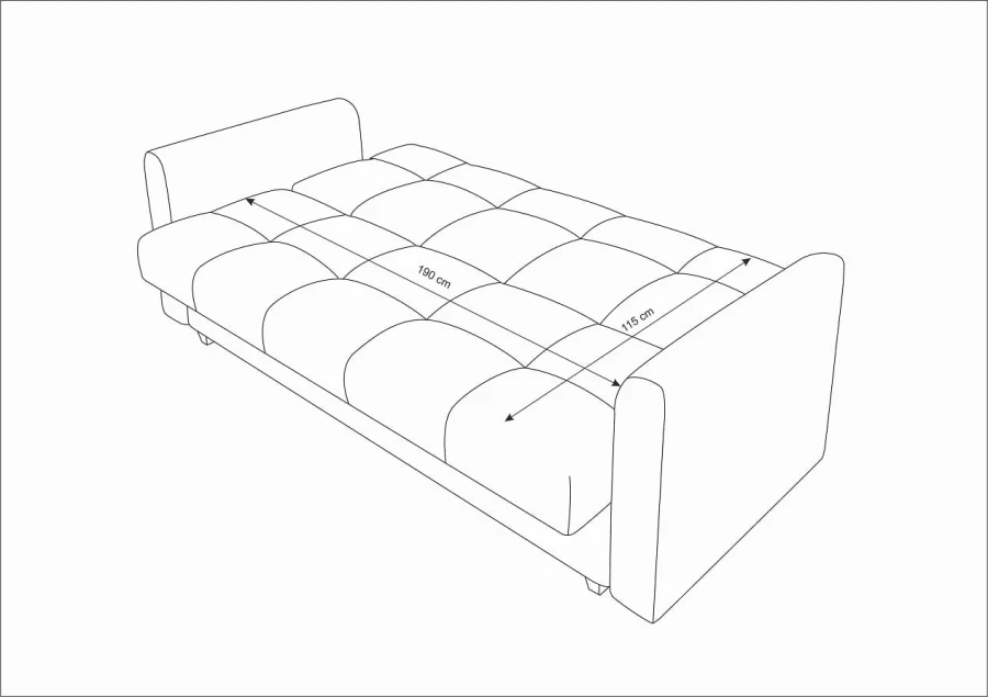 Skizze mit Maßen für die Liegefläche des Schlafsofas: 190x115 cm