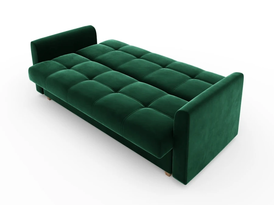 Ausgeklapptes dunkelgrünes Samt-Schlafsofa in Liegeposition auf weißem Hintergrund.