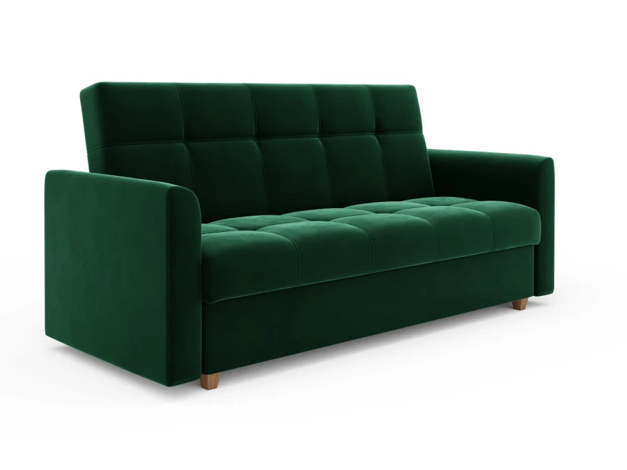 Modernes 3-Sitzer Schlafsofa aus dunkelgrünem Samt.