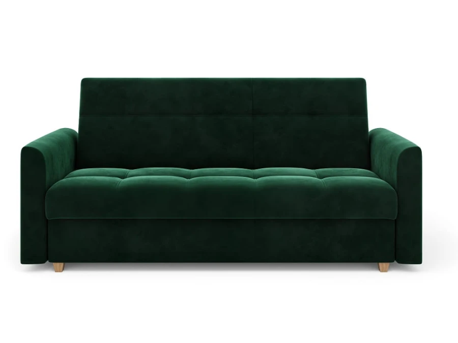 Frontalansicht eines eleganten grünen Samt-Schlafsofas.