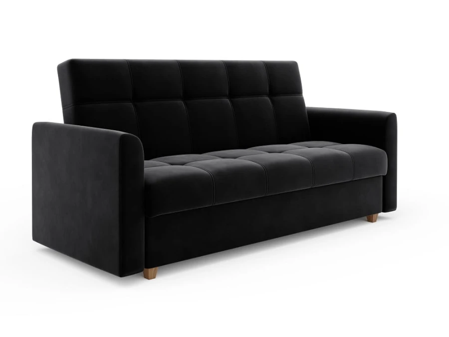 Elegantes schwarzes Samtsofa mit gesteppter Sitzfläche auf weißem Hintergrund.