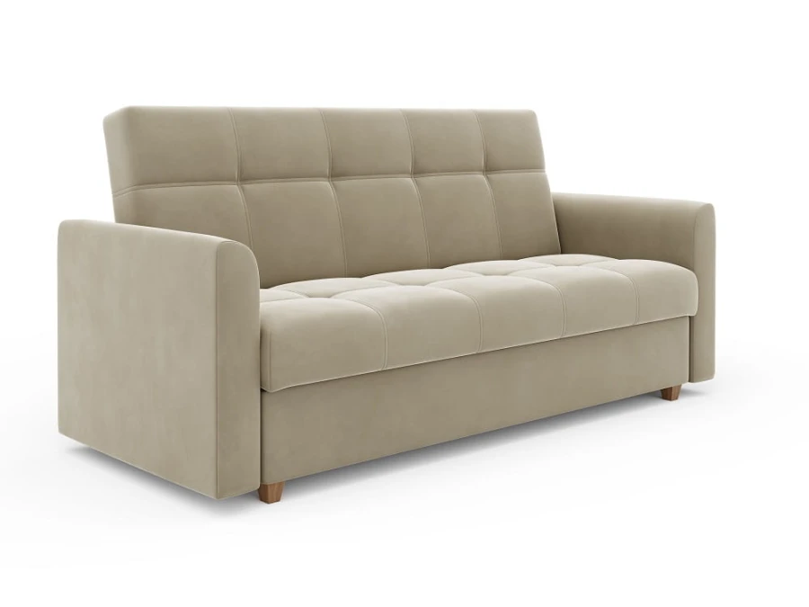 Beiges Schlafsofa aus Samt mit quadratischer Steppung und Holzbeinen.