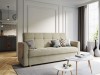 Elegantes beiges Samtsofa im hellen Wohnzimmer mit gemütlicher Dekoration.