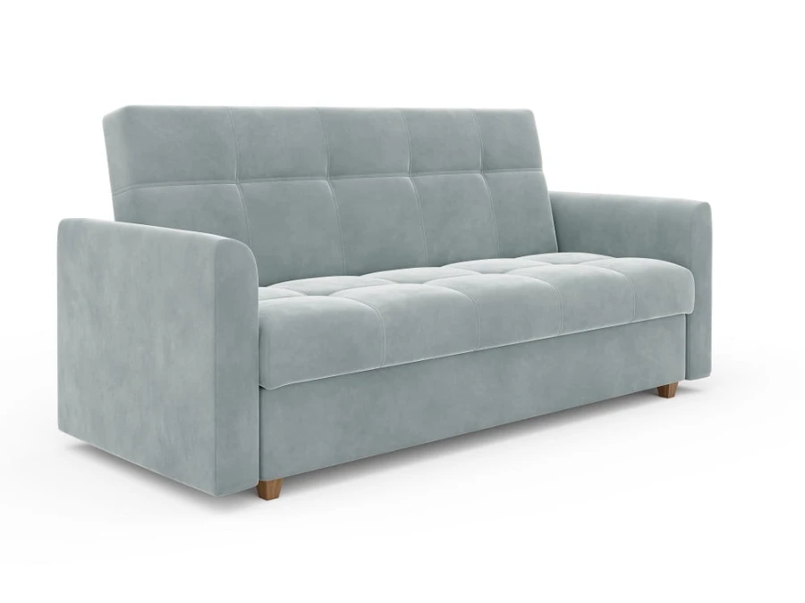 Hellblaues Schlafsofa aus Samt mit Steppmuster auf weißem Hintergrund.