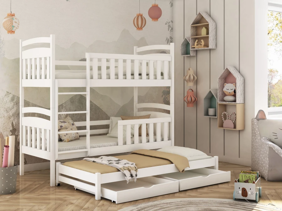 Weißes Etagenbett aus Holz mit Ausziehbett und Schubladen im Kinderzimmer.