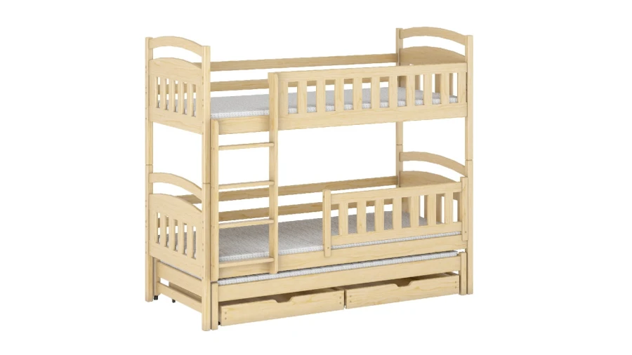 Hellbraunes Kiefer-Stockbett mit Leiter, Rausfallschutz und ausziehbarem Gästebett.