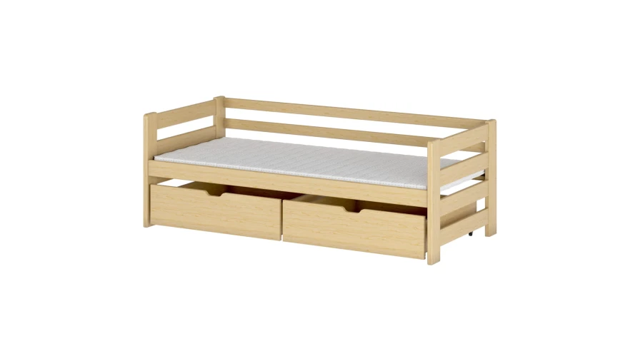 Kinderbett aus Naturholz mit zwei geräumigen Bettschubladen und weißer Matratze.