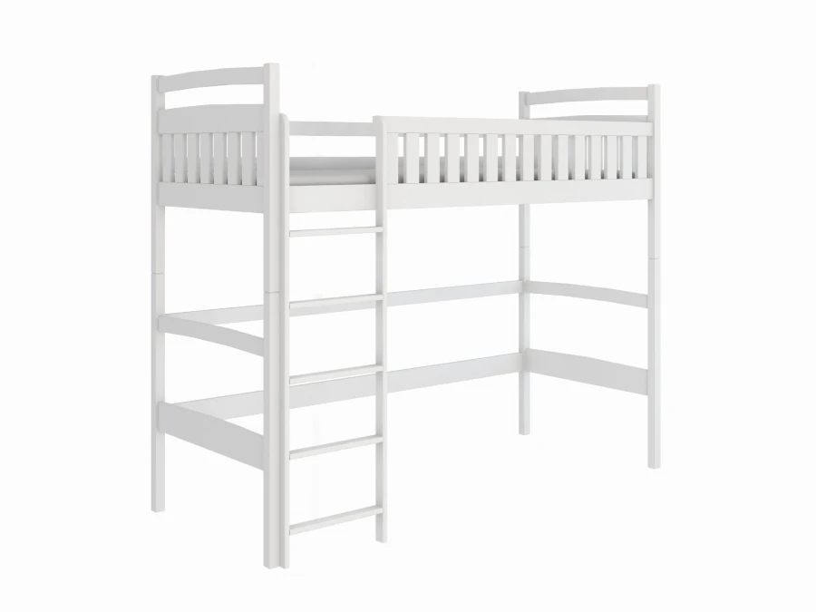 Weißes Hochbett für Kinder mit stabilen Querstreben und Leiter, platzsparende Schlaflösung.