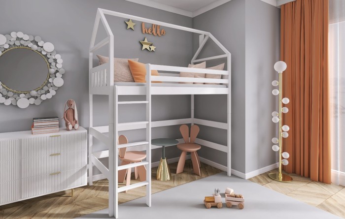 Etagenbett Kinderbett Hausbett Hochbett für 1 Kind MARINA Weiß