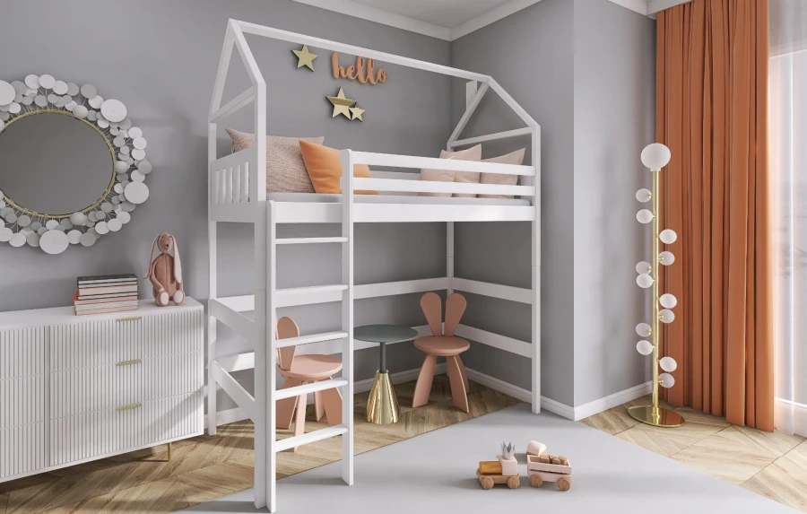 Kreatives Hausbett-Hochbett in Weiß mit Spielbereich im modernen Kinderzimmer.
