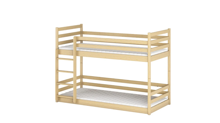 Etagenbett aus hellem Naturholz mit Leiter und zwei Matratzen.