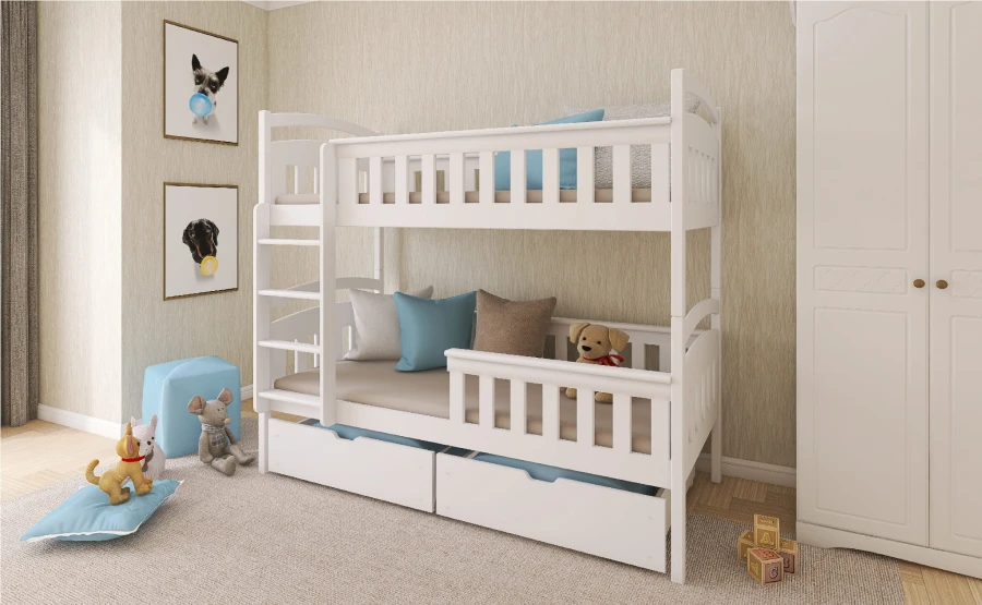 Weißes Kinder-Etagenbett mit zwei Bettkästen und Leiter in Raumszene