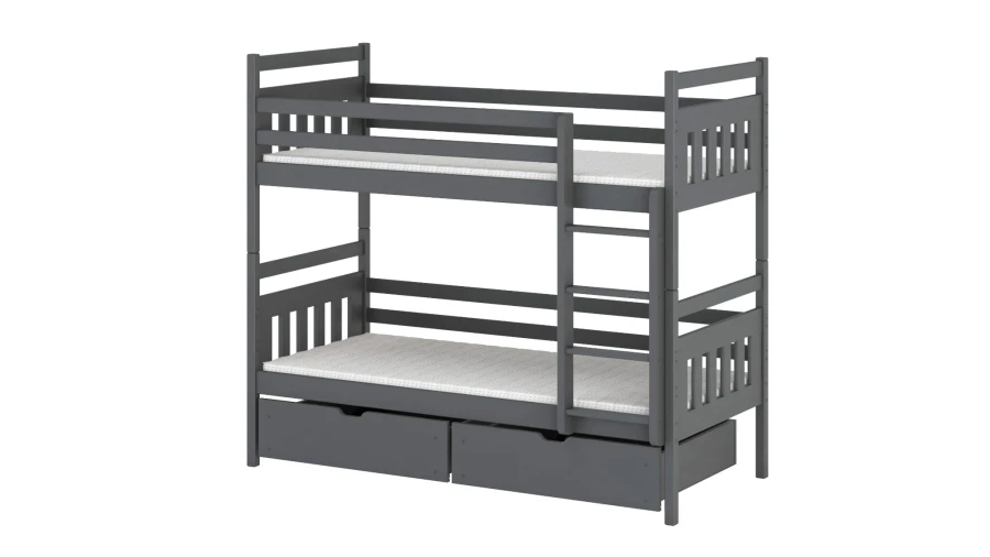 Dunkelgraues Stockbett mit Stauraumschubladen und Leiter rechts
