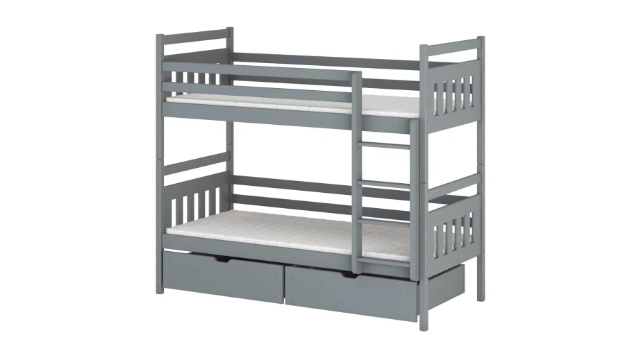 Modern grey bunk bed with safety ladder and integrated storage space.
